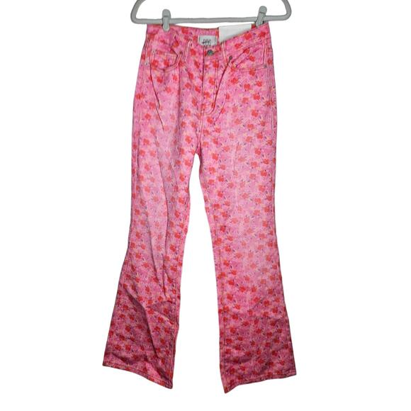 NEW BDG Urban Outfitters 26 High Rise Flare Pink Floral Painted Jean Boho HIppie - Picture 2 of 5
